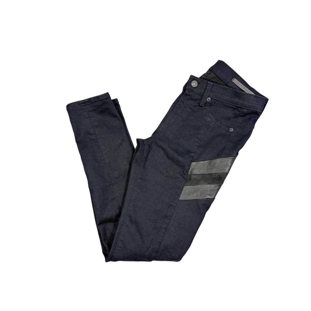Rag & Bone Black Midnight Coated Denim Skinny Moto‎ Jeans Leather Panels Size 27